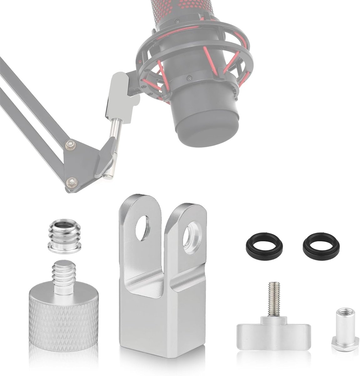 Microfoonbevestigingsadapter voor Hyperx Quadcast met 3/8 Duim of 1/4 Duim Schroefadapter en Moer, Werkt met HyperX QuadCast Microfoonstandaard & Boomarm (Zilver)