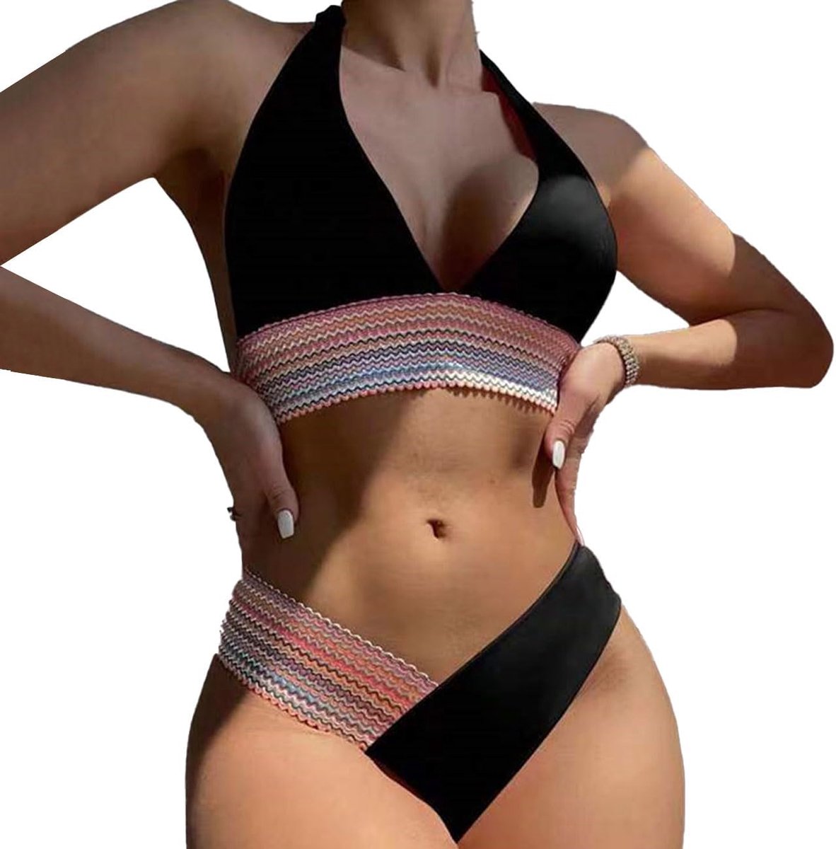 Geribbelde damesbadkleding, buikvrij badpak met veters en V-hals en beha, tweedelig badpak met hoge taille, zacht, zeer elastisch en gebogen (4 modellen, S/M/L)
