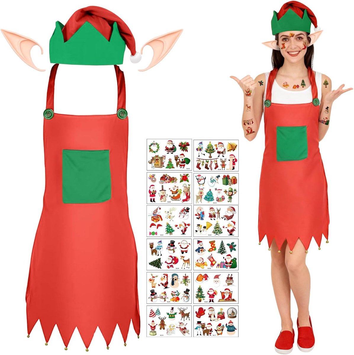 15-delig Elfodelantal kerstkostuum, elfodelantal kerstmuts, elfodelantal en 12 tattoo-stickers, kerstkabouterkostuum, kerstkostuum, carnaval