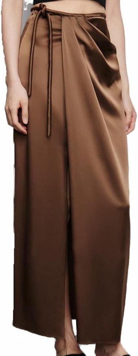 Acetaat Koele Rok - Zomer Satijn Glanzende Drape Ronde Touw Fladderende Geplooide Split Rok, Lichte En Elegante Drape Heupomhullende Zachte Huidvriendelijke Paraplu Rok,Coffee,Xs