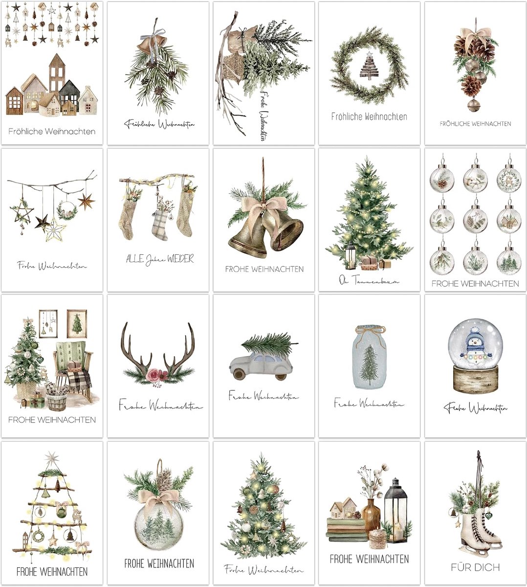 Kerstkaarten, SILARLAIT 20 Stuks Kerstkaarten met 20 Stuks Enveloppen, A5 Formaat, 350 g/m², Wenskaarten Set voor Familie Vrienden Collega (Weihnachten)