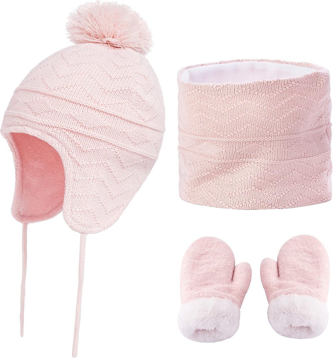 Warme Winterset voor Meisjes: Gebreide Muts, Sjaal en Handschoenen voor Kinderen van 1-6 Jaar in Roze, Fleece en Elastisch Design
