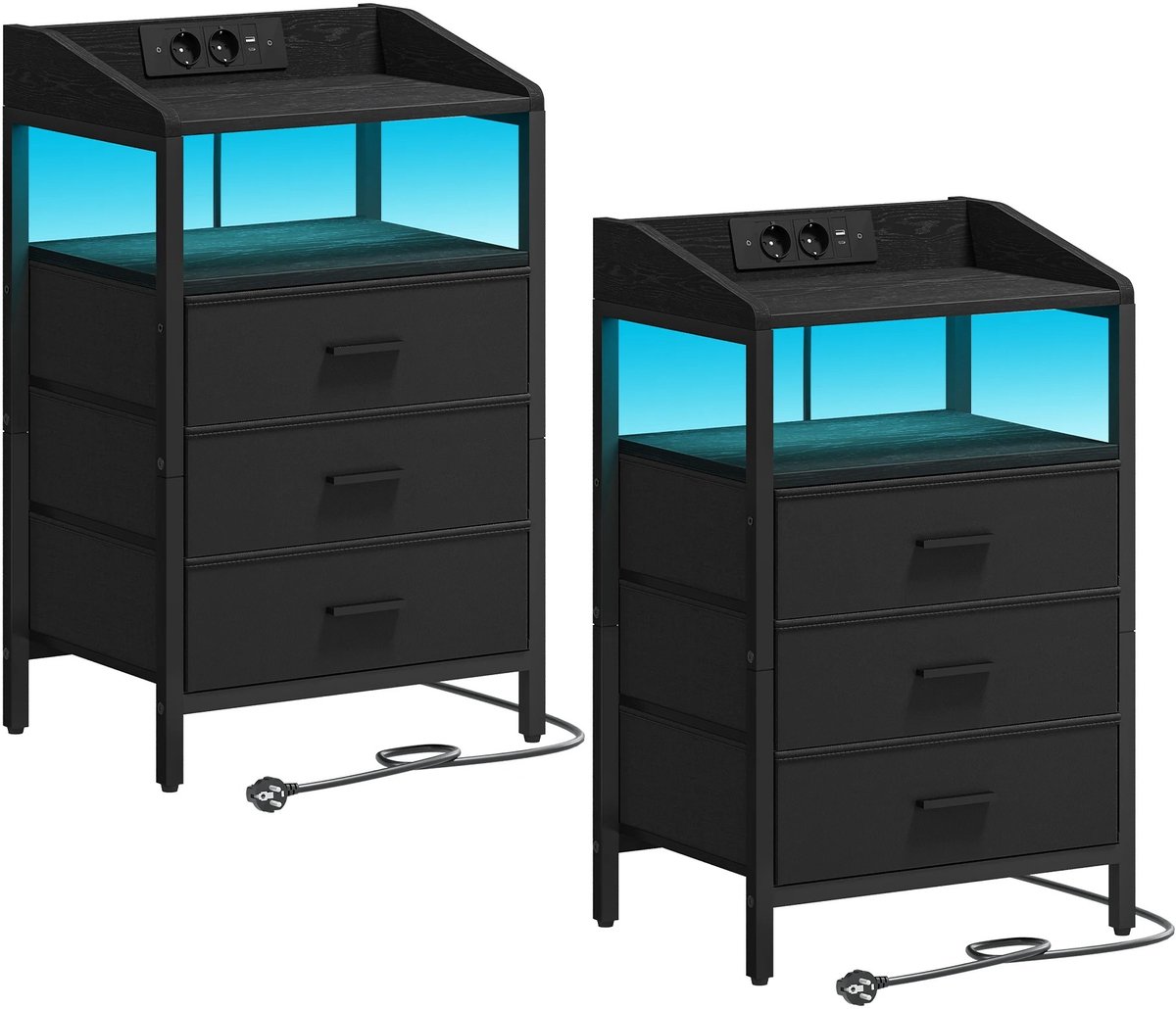 Seth Select Nachtkastjes - Set van 2 - met LED Verlichting – Bijzettafel met USB Oplaadstation – 3 Stoffen Laden & Planken – Zwart
