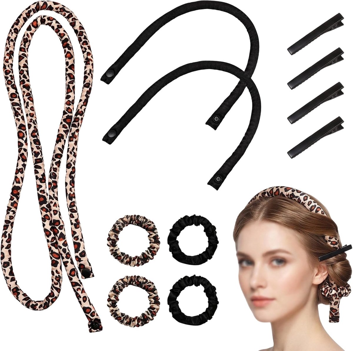 Krulset zonder hitte, 2 modellen, 1 lange tochtstopper voor luipaardhaar en 2 korte zwarte satijnen krulband, krulband voor natuurlijke krullen, haaraccessoire voor nacht zonder strijkijzer