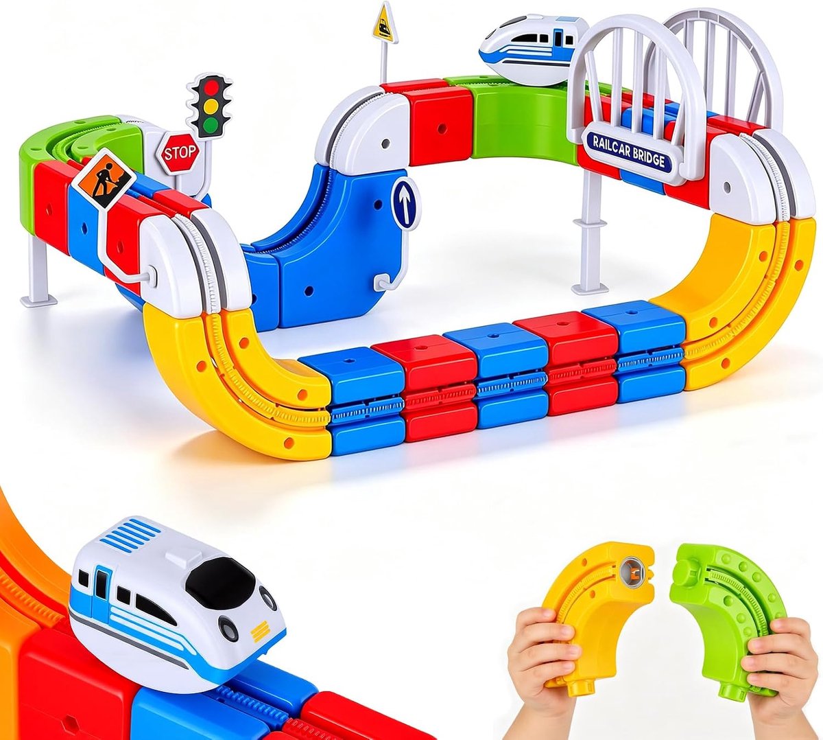 Treinset, spoorbaan, elektrische kubusbaan met 3D-lay-outs, gemotoriseerde spoorbaan met magische dobbelstenen, zwaartekrachtspoorwegspeelgoed voor kinderen
