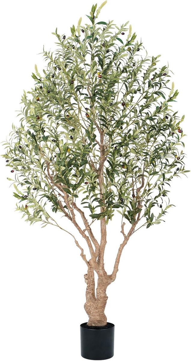 Kunstolijfboom 214 cm, grote kunstplant met 1513 realistische bladeren en 122 weelderige olijfplanten voor decoratie van binnen en buiten, kantoor en woonkamer