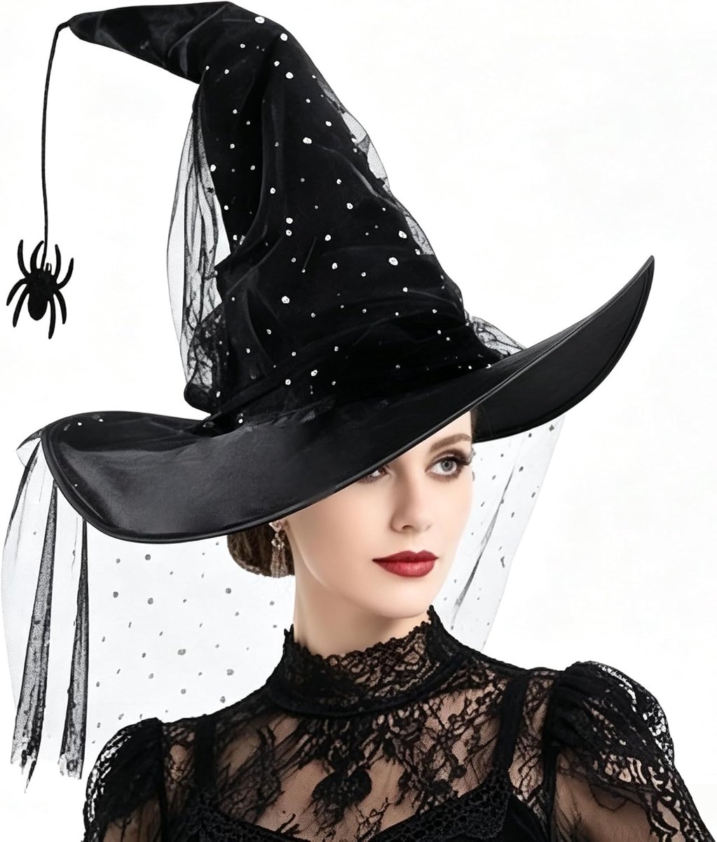 Zwarte Halloween hoed met brede puntige rand, Verkleedaccessoire voor volwassenen, Prop voor Halloween, Carnaval, Cosplay en maskerbal
