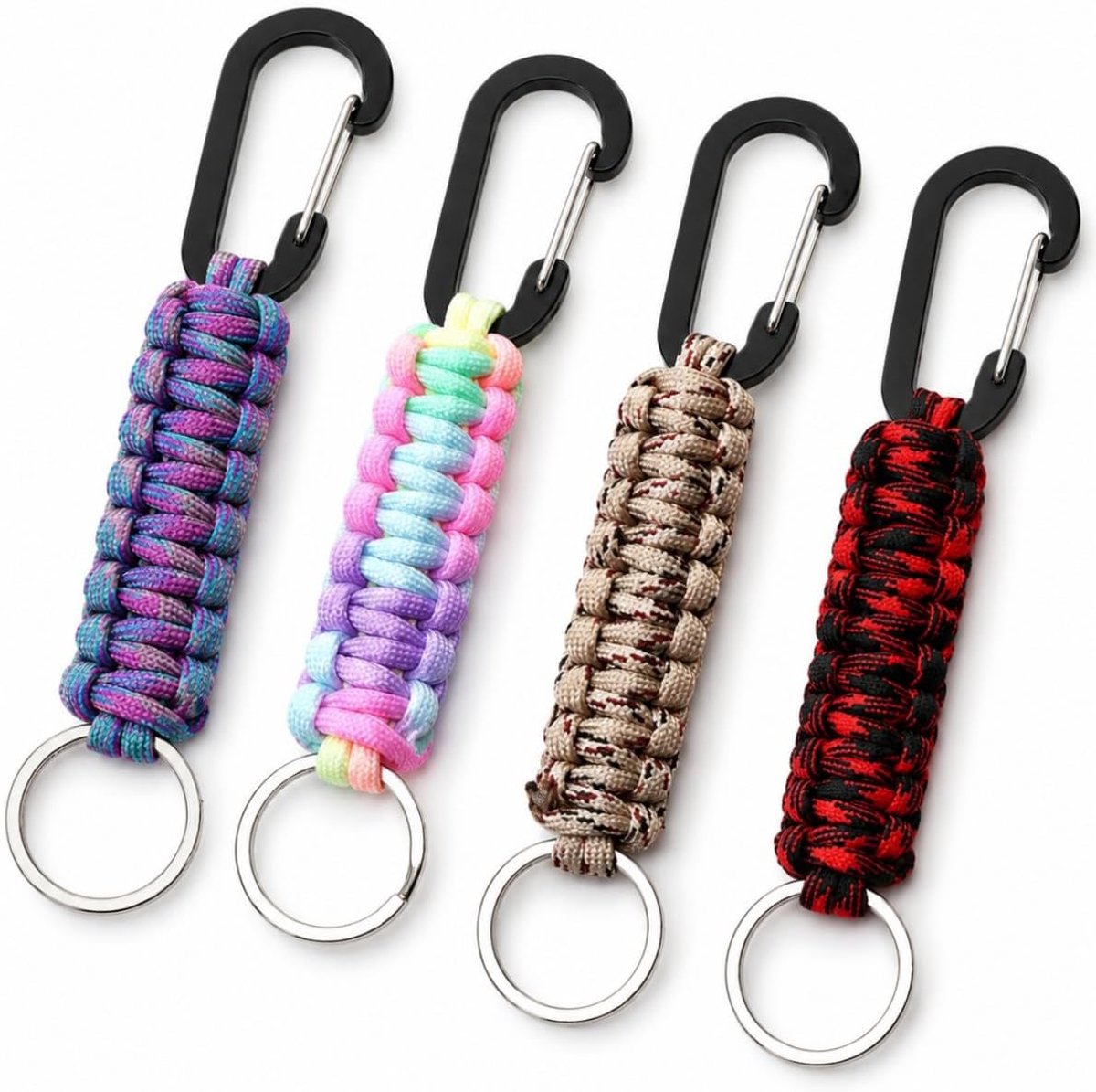 Paracord sleutelhanger met karabijnhaak, 4 stuks, 4 kleuren