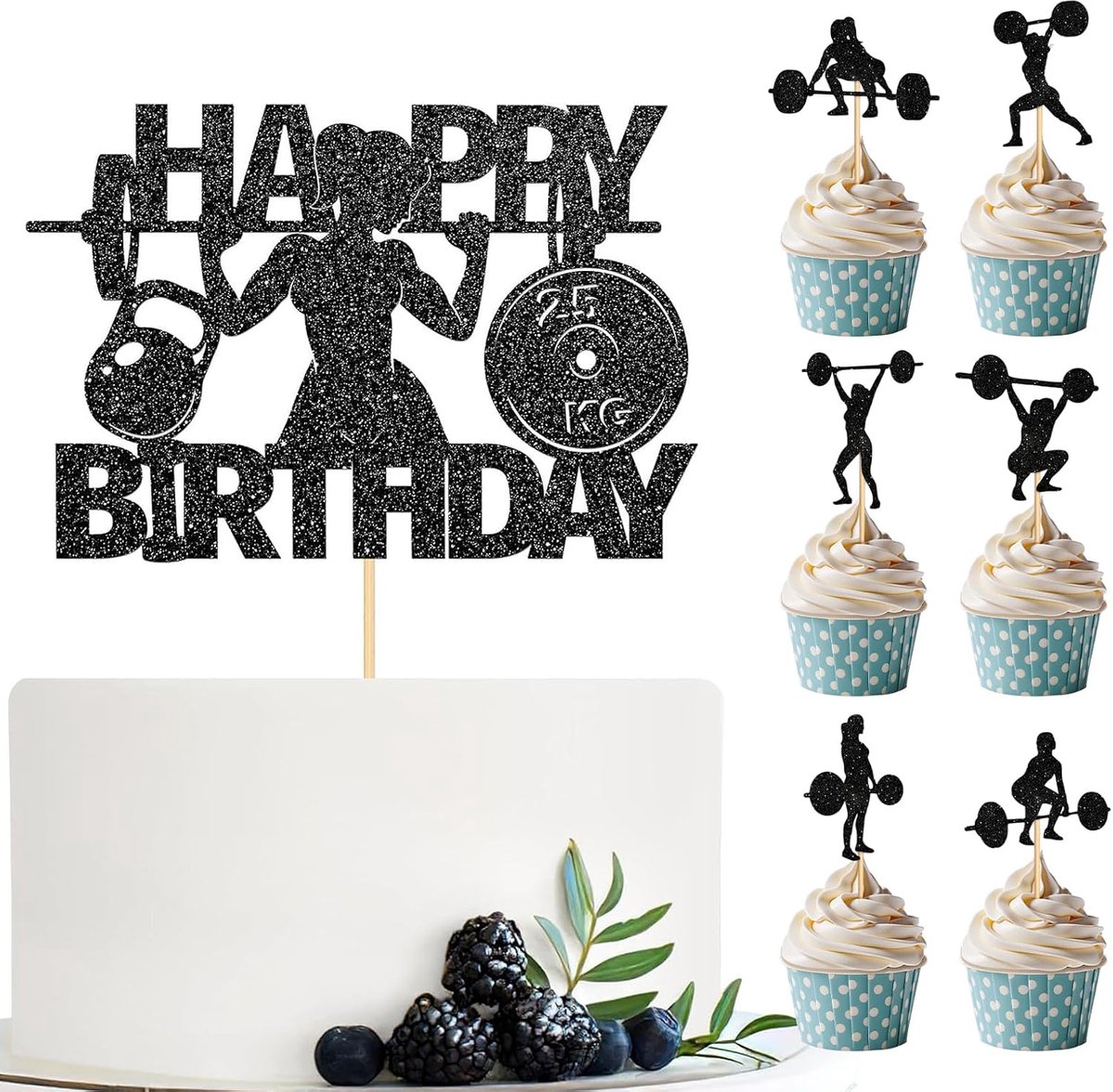 Cake, Grote Happy Birthday Taartstecker met 12 Kleine Fitness Motieven, Vrouwen Fitness Taartdecoratie voor Verjaardag Sport Party Cadeau