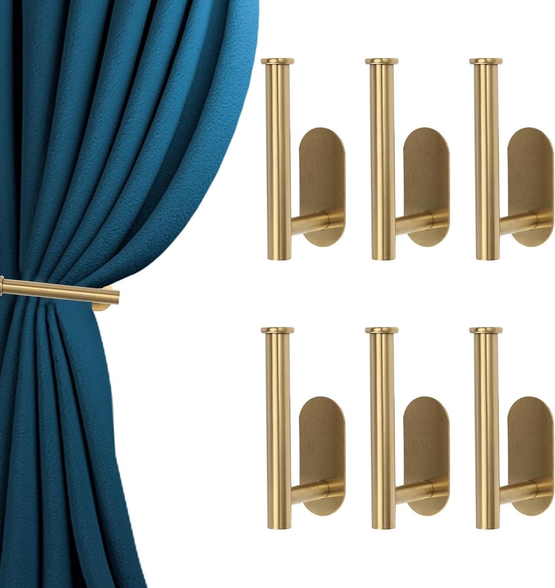 6 stuks zelfklevende gordijnhouders, goudkleurige metalen gordijnhouder, wandgemonteerde gordijnhaken voor wandmontage, zonder boren, voor woondecoratie