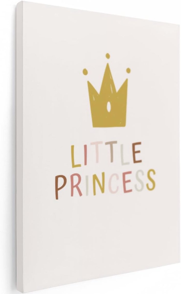 Canvas Schilderij Little Princess - 60x80 cm - Wanddecoratie Kinderkamer - Muurdecoratie Babykamer - Gouden Kroon Decoratie