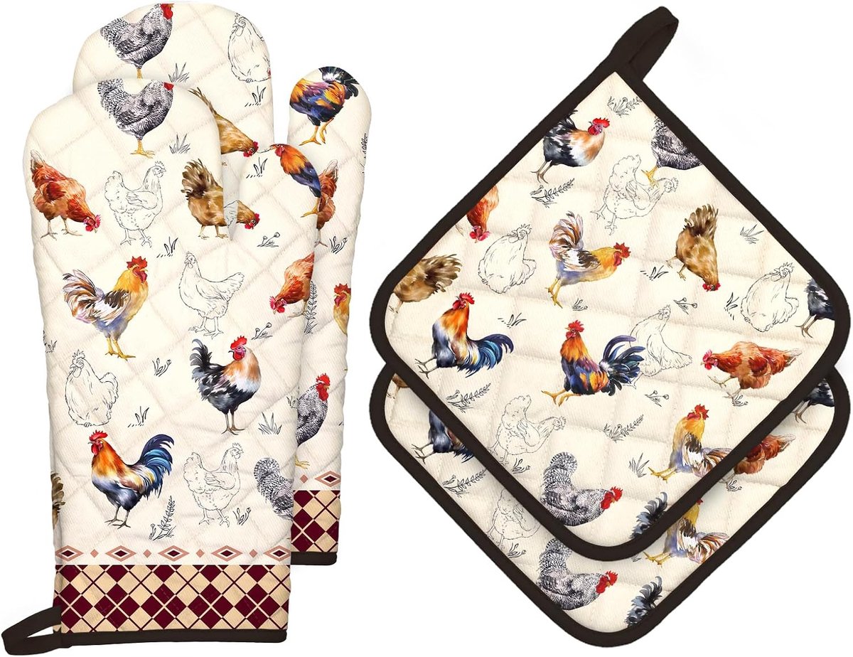 Ovenwant en pannenlappen, kip, set van 4, 100% katoen, hittebestendige keukenhandschoen voor koken, bakken, grillen, cadeau