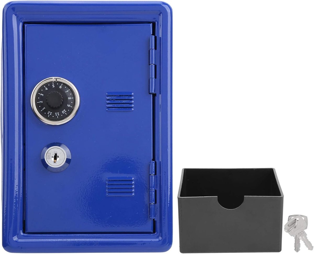 Spaarvarken, kluis spaarpot voor kinderen, afneembare opbergdoos voor wisselgeld, antislip veilige metalen verpakking met minisleutels, simulatiecode-wiel (blauw)