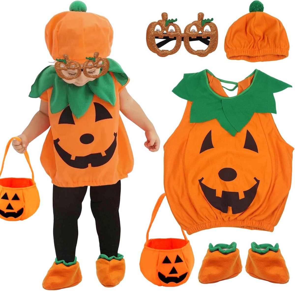 Pompoenkostuum voor kinderen,Halloweenkostuum voor kinderen met pompoen snoepzak,pompoen bril Halloween pompoenkostuum voor meisjes,cosplay pompoenfeestkleding,grappige carnavalsfeest cosplaykleding