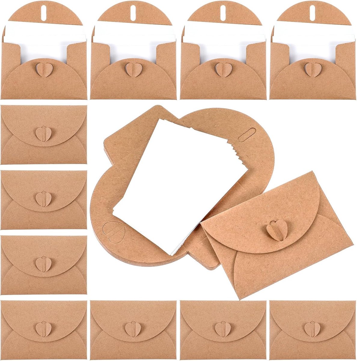 25 stuks mini-enveloppen met kaarten, kraftpapier, enveloppen, vintage, kleine enveloppen met hartsluiting, voor cadeaukaarten, doe-het-zelf bedankkaarten, Kerstmis