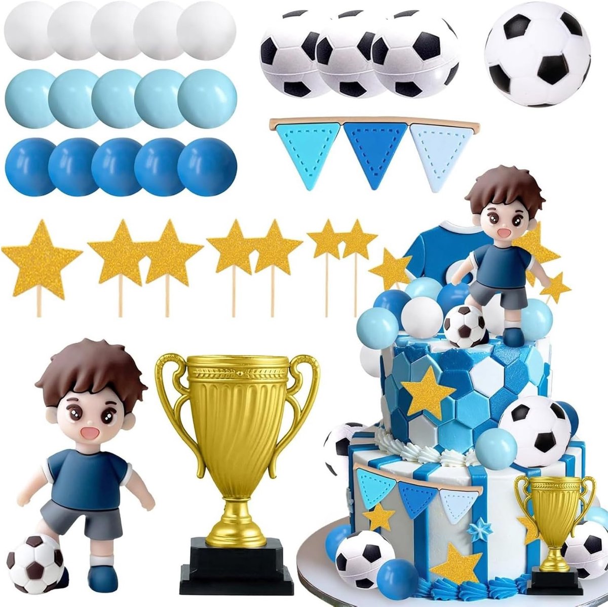 29 stuks blauwe taartdecoratie, voetbal, jongens, sport, voetbalthema, verjaardagsfeestartikelen, wereldkampioenschap verjaardag, taartdecoratie, sportfeestartikelen, jongens verjaardag