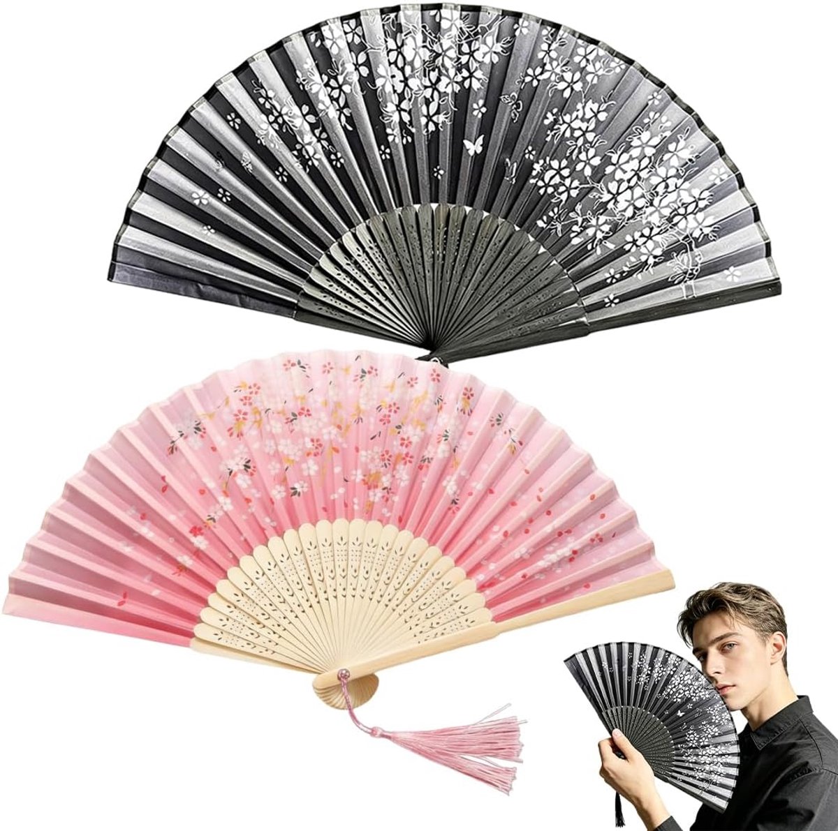2 stuks elegante opvouwbare waaiers voor dames - zwart en roze waaiers voor bruiloft, feest, dans, cosplay, wanddecoratie en zomerkoeling, opvouwbaar, draagbaar