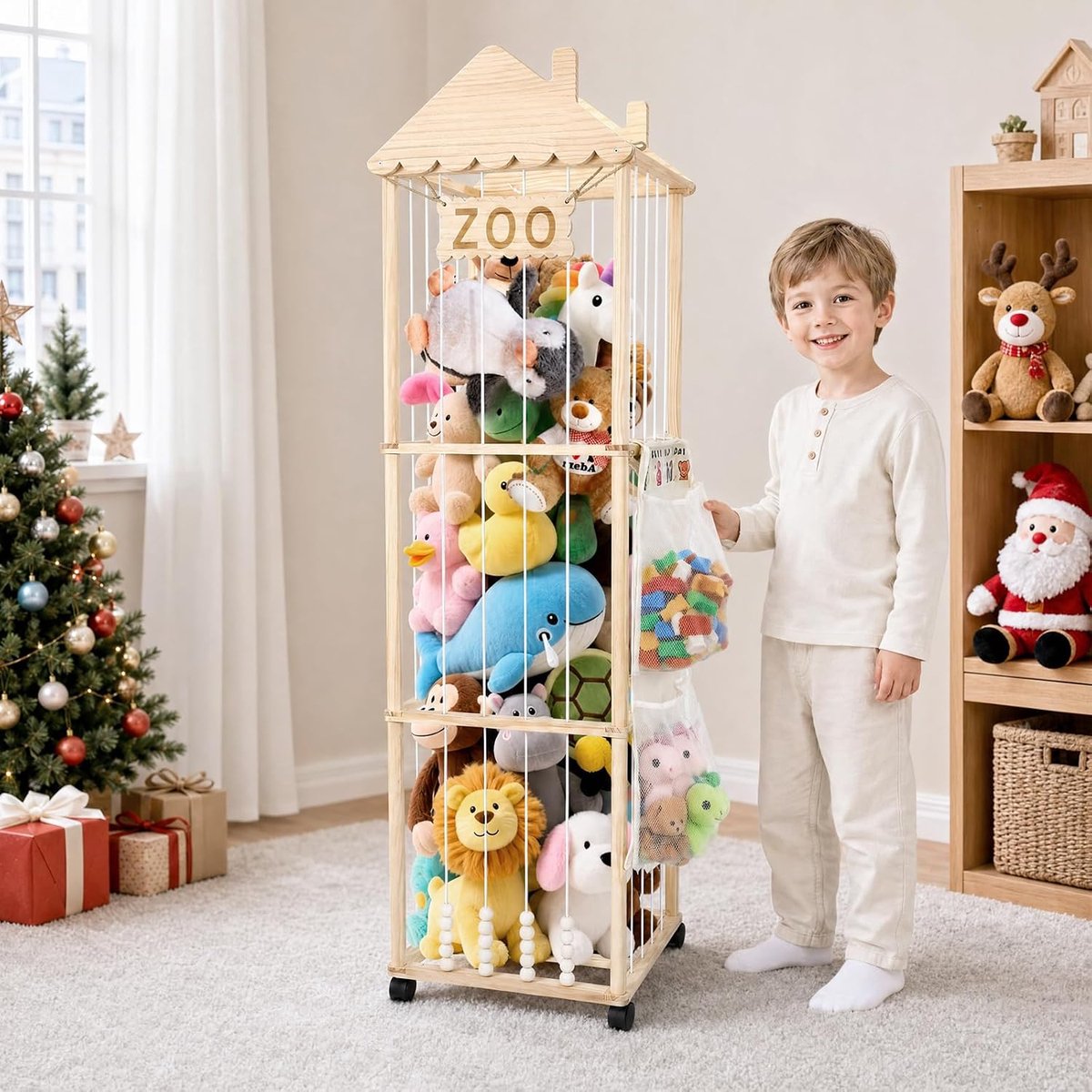 Opslag van knuffeldieren, 146 x 42 x 32 cm, massief hout, 360° draaibaar en vergrendelbaar, voor woonkamer, slaapkamer en kinderkamer (schoorsteen)