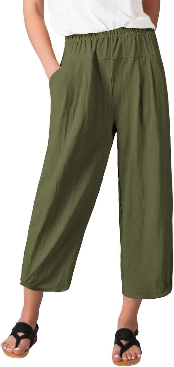 Casual Broek Zomer Katoen Linnen Bijgesneden Broek Brede Pijpen Losse Fit Elastische Taille Broek Harem Lounge Bottoms met Zakken