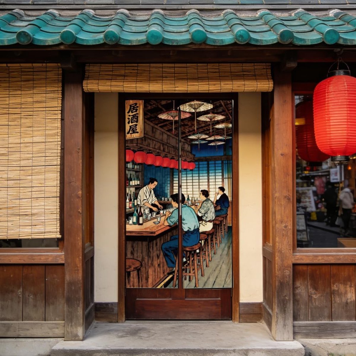 Gordijn Japans pub-patroon, linnen, voor deur, raam, keuken, woonkamer, 150 x 85 cm