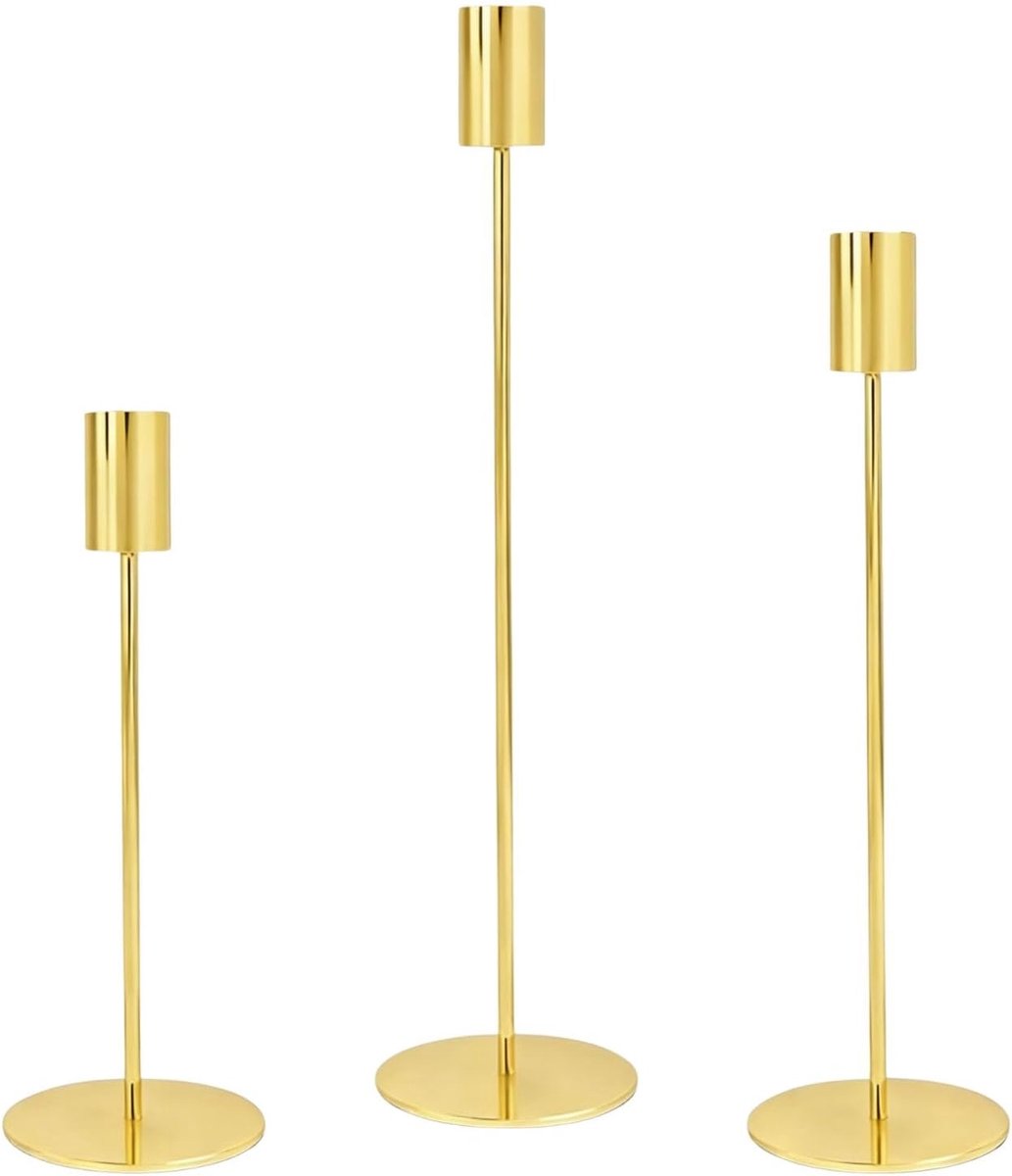 Goud, staafkaarsenhouder met hoogtes van 32/27/22,5 cm