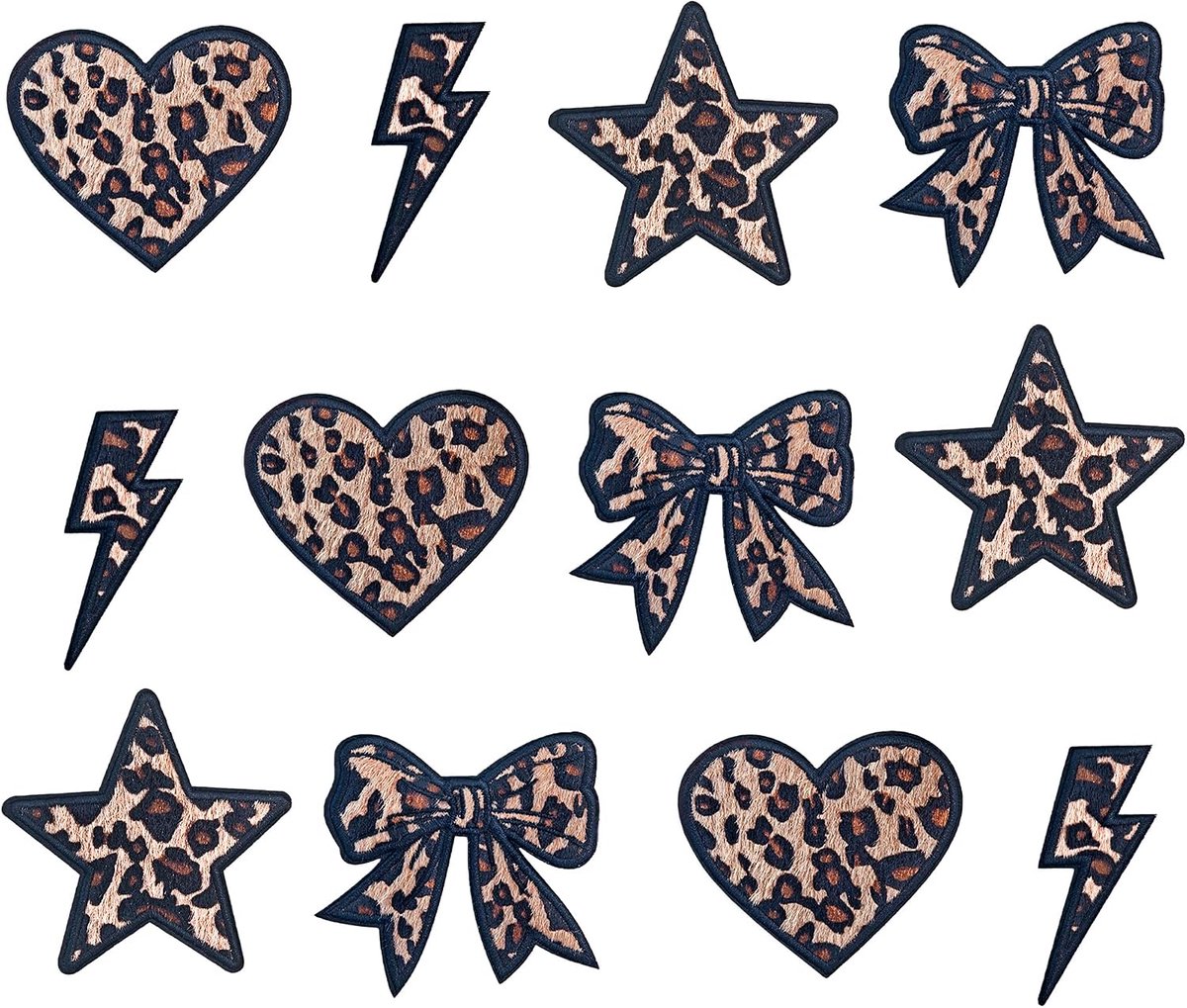 12 stuks luipaard strijkpatches met luipaardprint, strik, hart, ster en bliksemschicht patches voor kleding, jassen, jeans en rugzakken