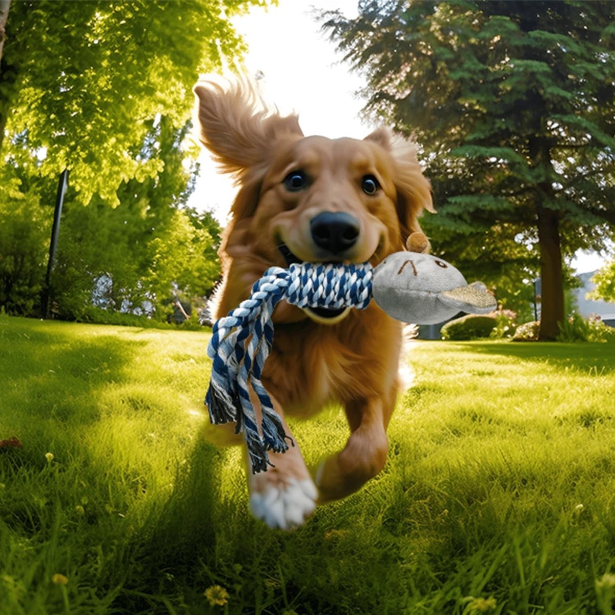 Piepend pluche dier voor honden, stimuleert het spel en vermindert angst door vertrouwde geluiden te imiteren.