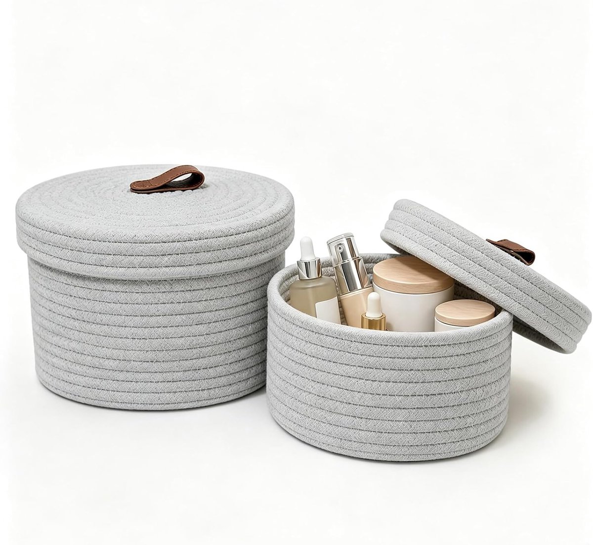 2 stuks opbergmanden, katoenen koord, opbergmand rond met deksel, Ø 28 cm, Ø 23 cm, gevlochten handgemaakte organizer voor woonkamer, slaapkamer, kinderkamer, keuken, badkamer, kantoor, lichtgrijs