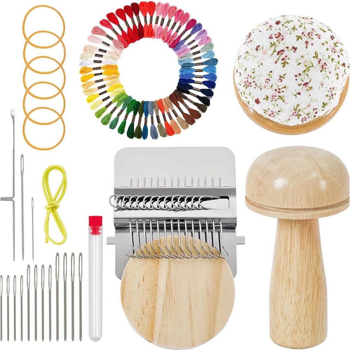 Mini Stopweefmachine set - Weefgereedschap - Breigereedschap - Complete reparatieset voor kleding - 8 x 7 cm - Zichtbaar herstel - Houten stopzwam - 50 kleuren borduurgaren - Voor sokken, truien en jeans - Handwerk DIY set voor beginners - Bruin
