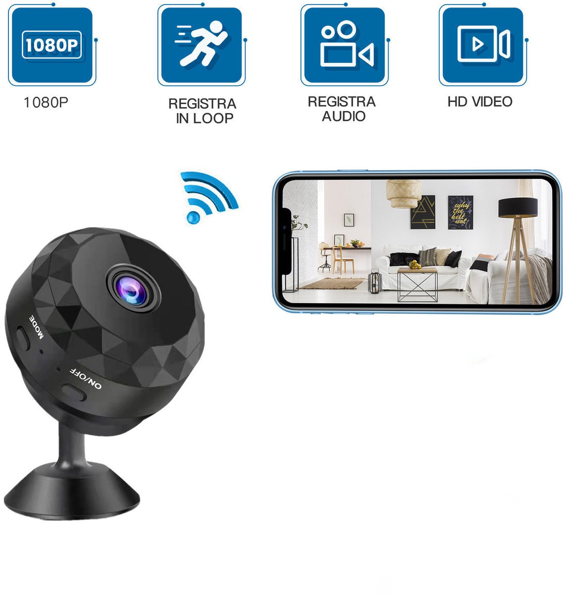 Montagevrije slimme camera, bedraad voeding, HD bewakingscamera met wifi voor externe weergave, multihoek draaibare houder, inclusief 16GB geheugenkaart + kaartlezer