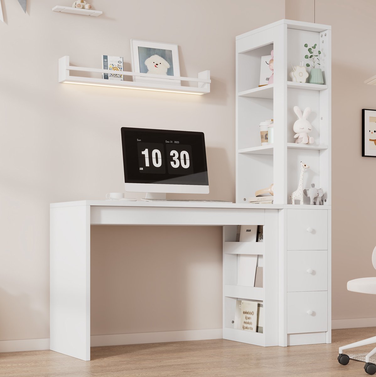 MEUNIQ Bureau met geïntegreerde boekenkast, 3 lades en zijkast - 150 x 50 x 180 cm - werkblad 120 cm - wit - voor thuiskantoor en studeerkamer