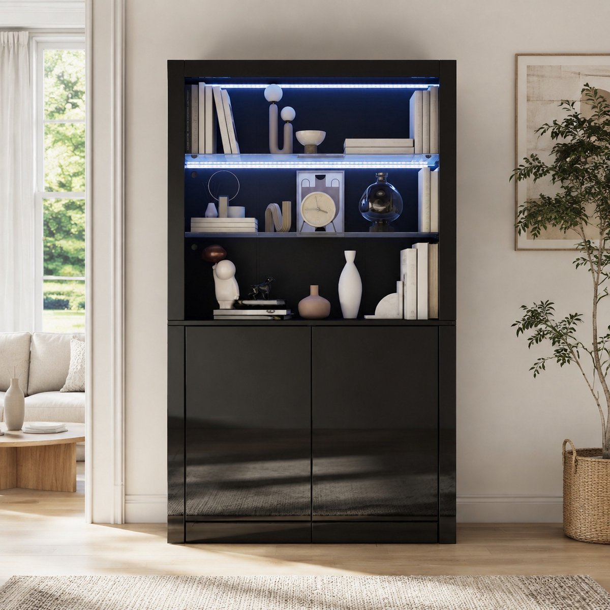 MEUNIQ Vitrinekast 100 x 35 x 170 cm met LED-verlichting, 2 glazen legplanken, dubbele deuren en hoogglans voorzijde - woonkamer - zwart
