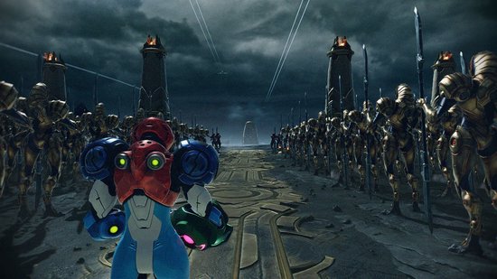 Samus in een rood, blauw en groen pak staat voor een leger van gouden, harnas-achtige robots.