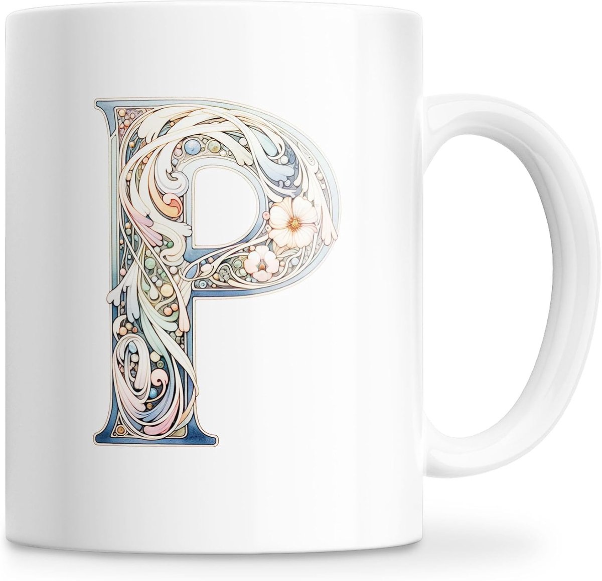 mok met initialen van de naam, keramische mok, 350 ml, met bloemenmotief, originele geschenken voor vrouwen, mama, vrienden, vaatwasmachinebestendig en magnetronbestendig (P)
