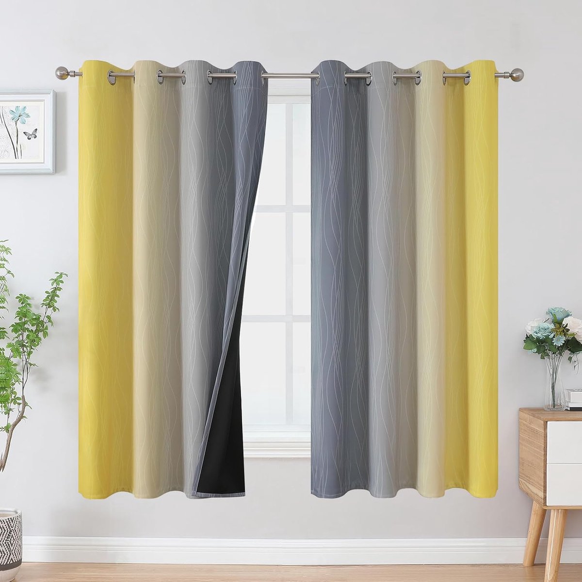 geel en grijs kleurverloop ombre gordijnen met ringen 160 cm lang, woonkamergordijn, verduisterende gordijnen dicht dik thermisch koude- en hittebescherming, H 160 x B 132 cm, set van 2