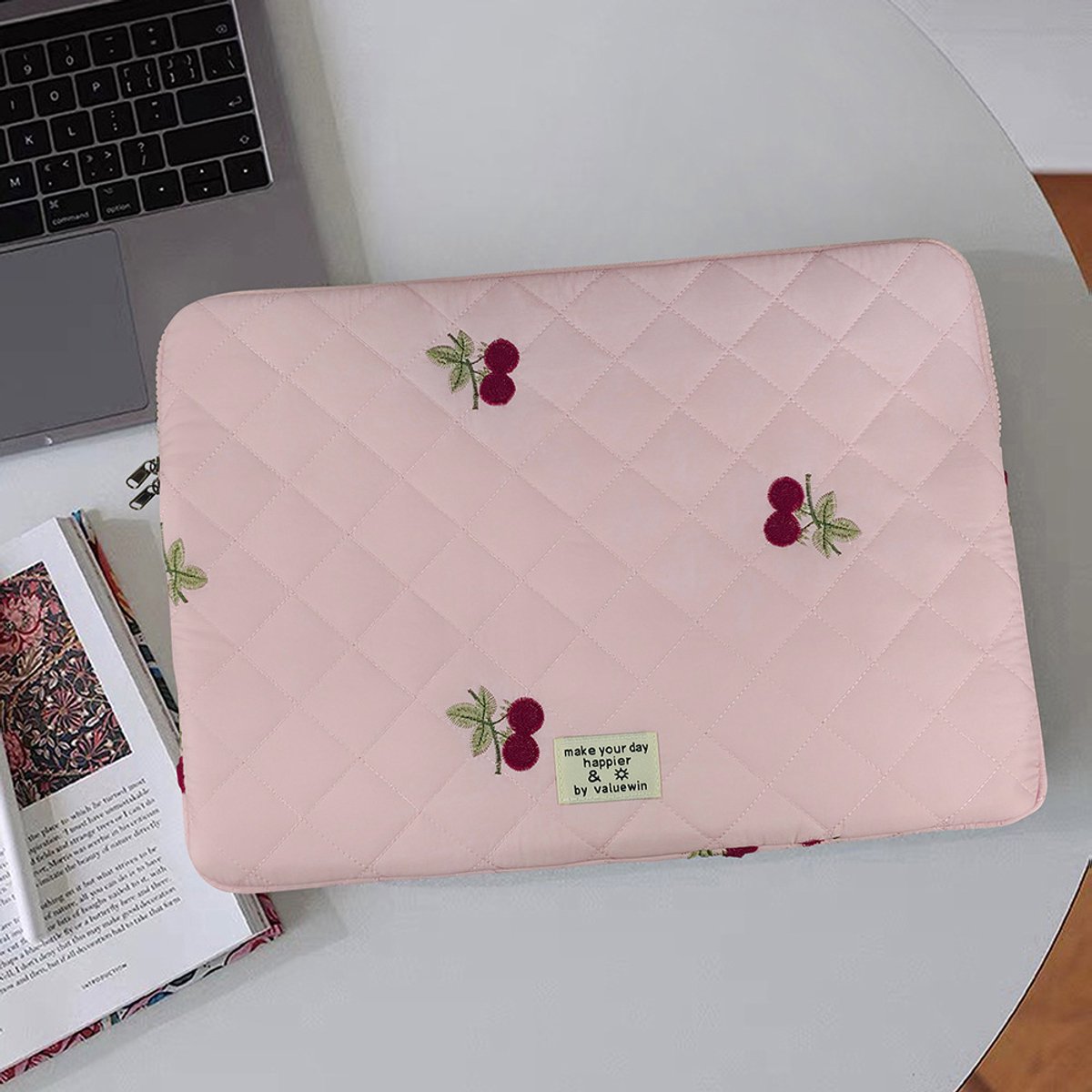 Roze 15-16 inch laptop sleeve - geborduurde kersen gewatteerde beschermhoes met rits