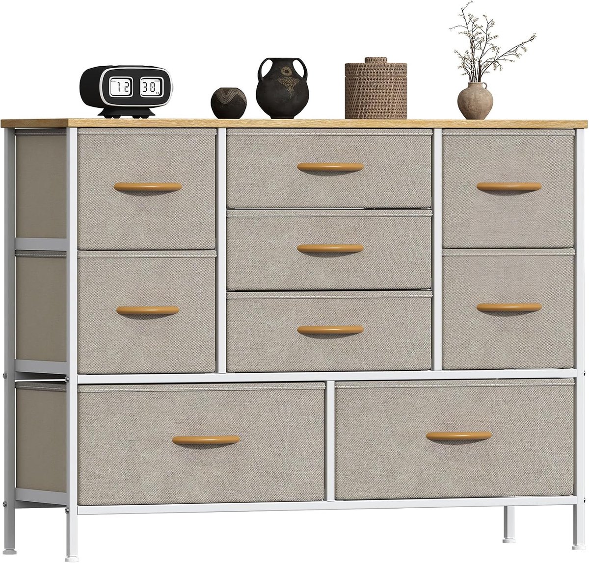 Ladekast met 9 stoffen lades - Khaki en wit - MDF-blad in houtlook - Voor slaapkamer en woonkamer - Verstelbare voeten - 100 x 30 x 76 cm