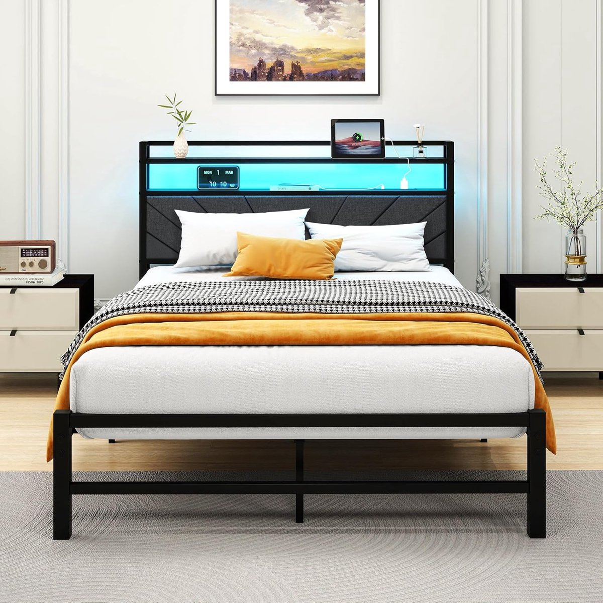 120 x 200 cm met lattenbodem van metaal, tweepersoonsbed, met ledverlichting, bedframe 120 x 200 cm, bed met hoofdeinde en laadstation (2 AC-stopcontacten en 1 USB-poorten)