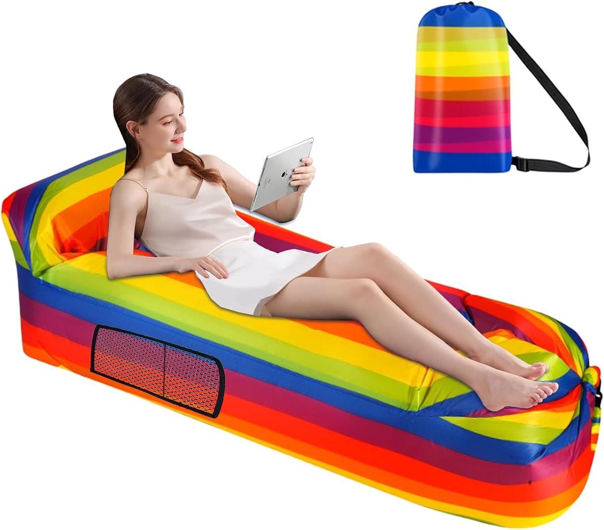strandbank, 230 x 70 cm, opblaasbaar, outdoor, camping, luchtbank, met kussen en zijzakken, hoofdkussen (polyester 210T, regenboog)