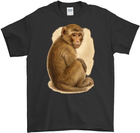 Zwart t-shirt met een gedetailleerde illustratie van een zittende aap op een beige achtergrond.