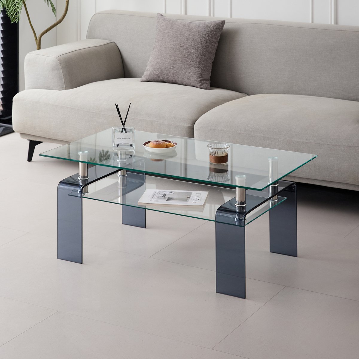 MEUNIQ Salontafel van gehard glas 100 x 55 x 45 cm, rechthoekig met twee niveaus, grijze glazen zijpanelen, transparant, moderne tafel voor de woonkamer