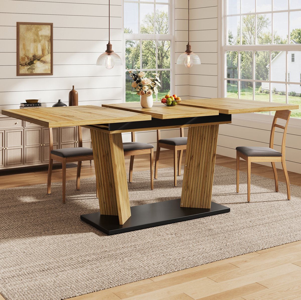 MODFU Uitschuifbare Eettafel - Dubbele Steunpoten - MDF - Eikenkleur - 160 X 80 X 76 Cm