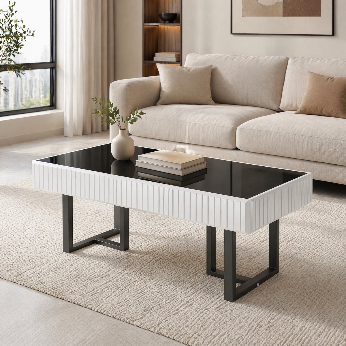 MEUNIQ Salontafel 110 x 50,5 x 41 cm - rechthoekige zwart-witte hoogglans koffietafel met metalen frame voor de woonkamer