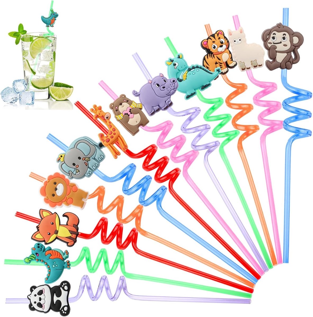 Kleurige Herbruikbare Rietjes voor Kinderen, Dieren Rietjes voor Verjaardagsfeestjes, Perfect voor Melk, Sap en Cocktails
