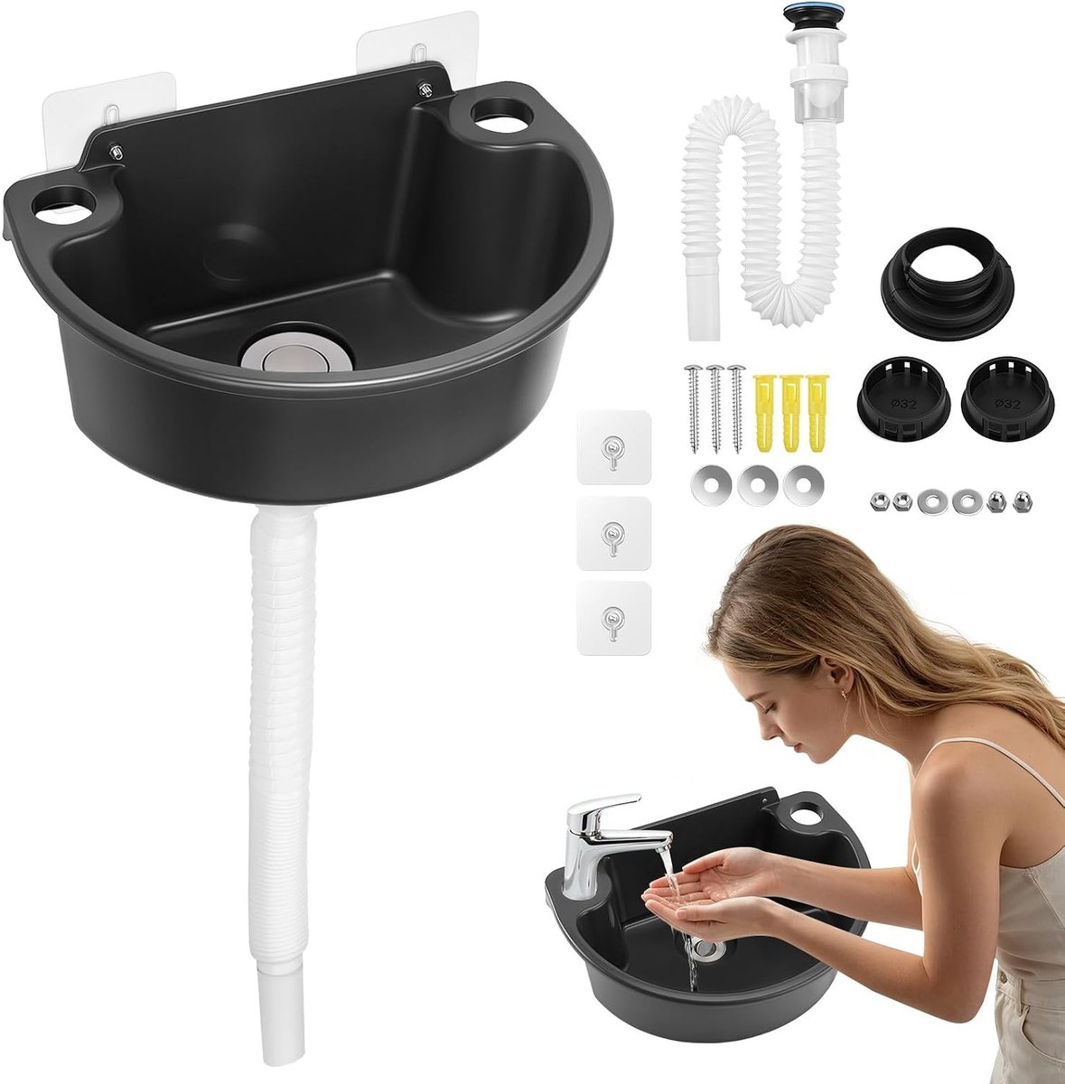 Ruimtebesparende Wandmontage Plastic Wasbak met Afvoerplug en Afvoerpijp voor Tuin Groentenwassen - Grijs