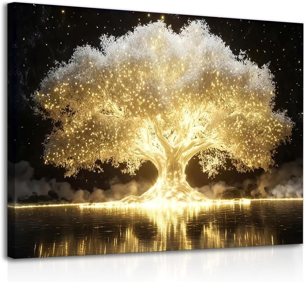 Betoverende Glanzende Levensboom Muurdecoratie, Magische Fantasie Gouden Boom met Reflectie, Perfect voor Slaapkamer en Woonkamer - 12x16 Inch Maat