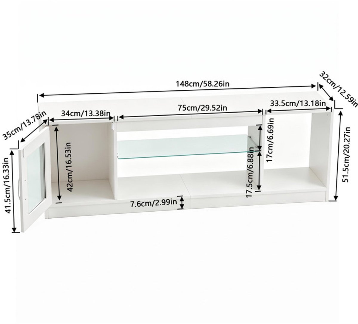 EGGREE Houten tv-meubel met opbergruimte - vrijstaand laag tv-meubel voor tv's van 32–65 inch - 148,5 x 32 x 51 cm