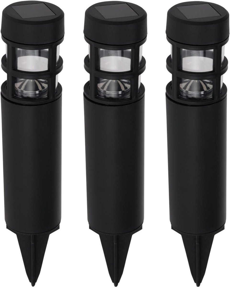 Pro Garden Solar tuinlampen / prikspots - 3x stuks - warm wit licht - 7 x 28 cm - tuinverlichting - tuinlampjes - zwart - kunststof