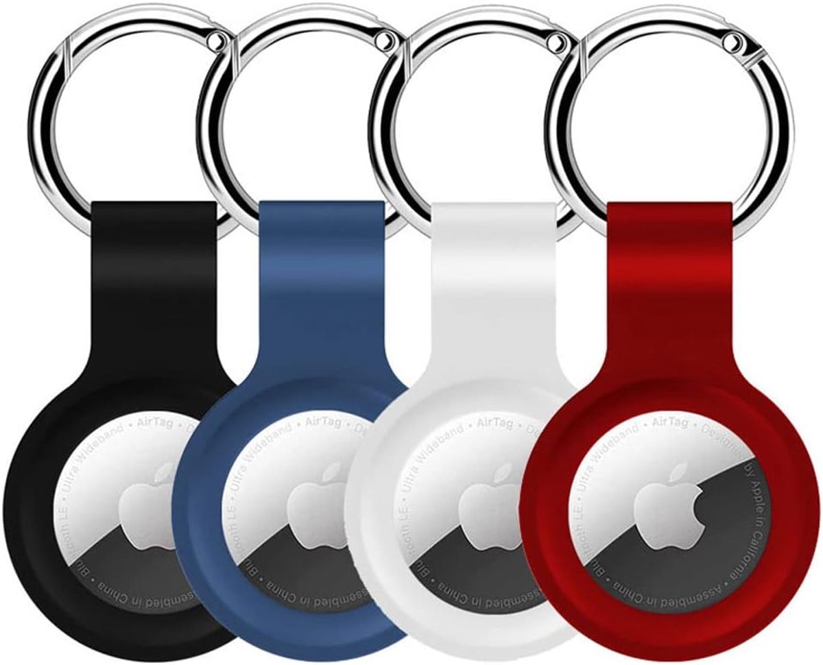 4 Pack Houder Case voor AirTag met Sleutelhanger Siliconen Beschermhoes Compatibel met Air Tag Tracker voor Kinderen Huisdieren Portemonnee Rugzakken Bagage (Zwart/Wit/Blauw/Rood)