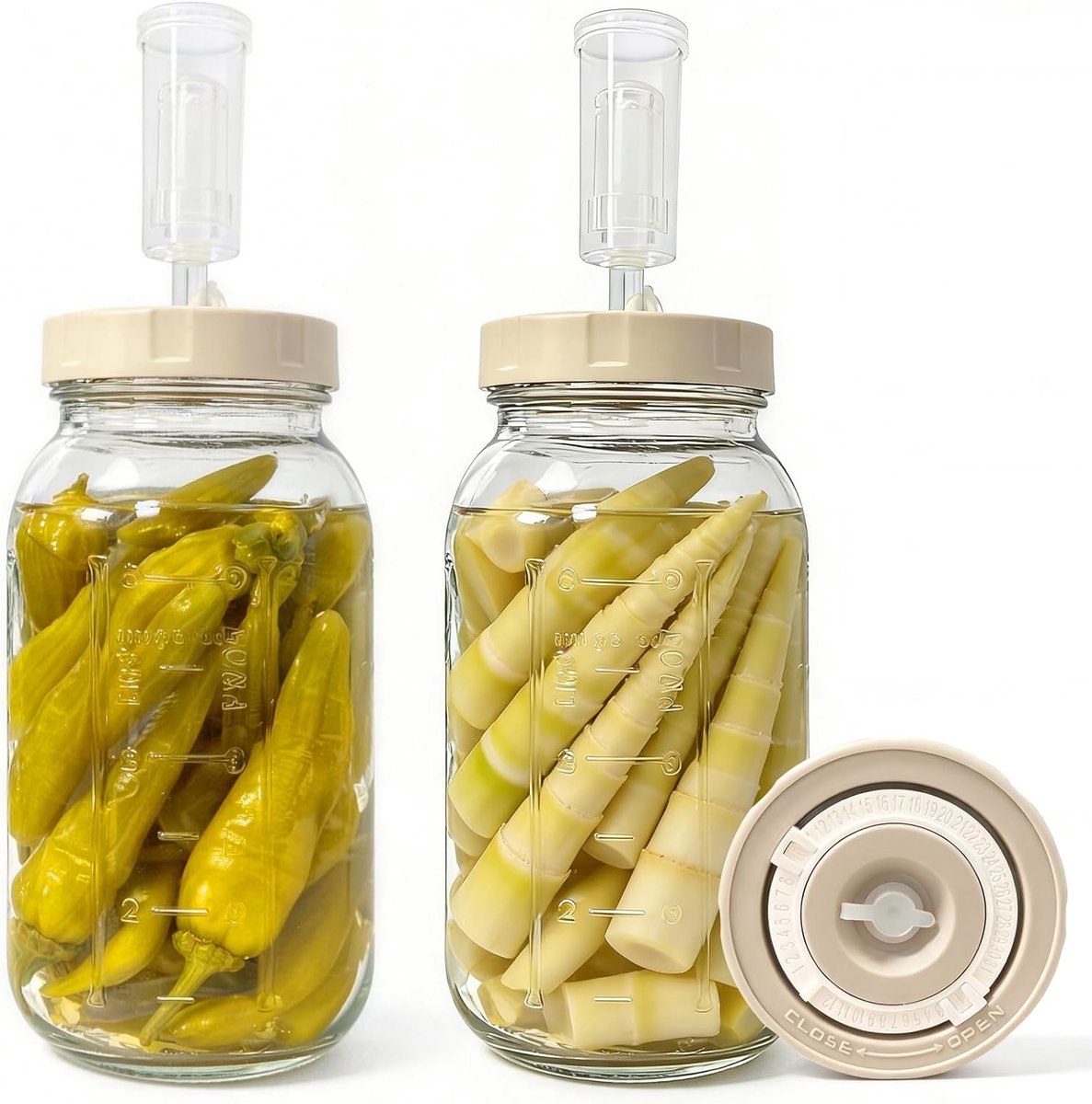 Fermentatieglas, 2 liter, fermentatieglas met fermentatieventiel en gewicht pot voor zuurkool, kimchi, kombucha fruit en groenten, pickled zuurdeegstarter, inmaakglas, 2 stuks